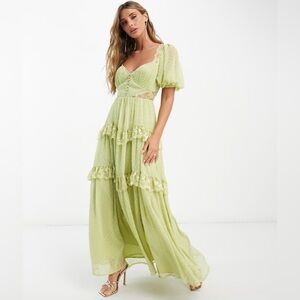 ASOS Design OPEN BACK LACE INSERT TEXTURED MAXI TEA DRESS IN LIME Size 2 US